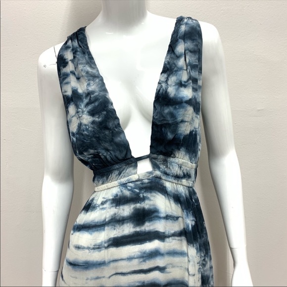 GYPSY05 NEW navy blue and white tie dye deep v maxi dress with leg slit,Gorgeous - Picture 7 of 9